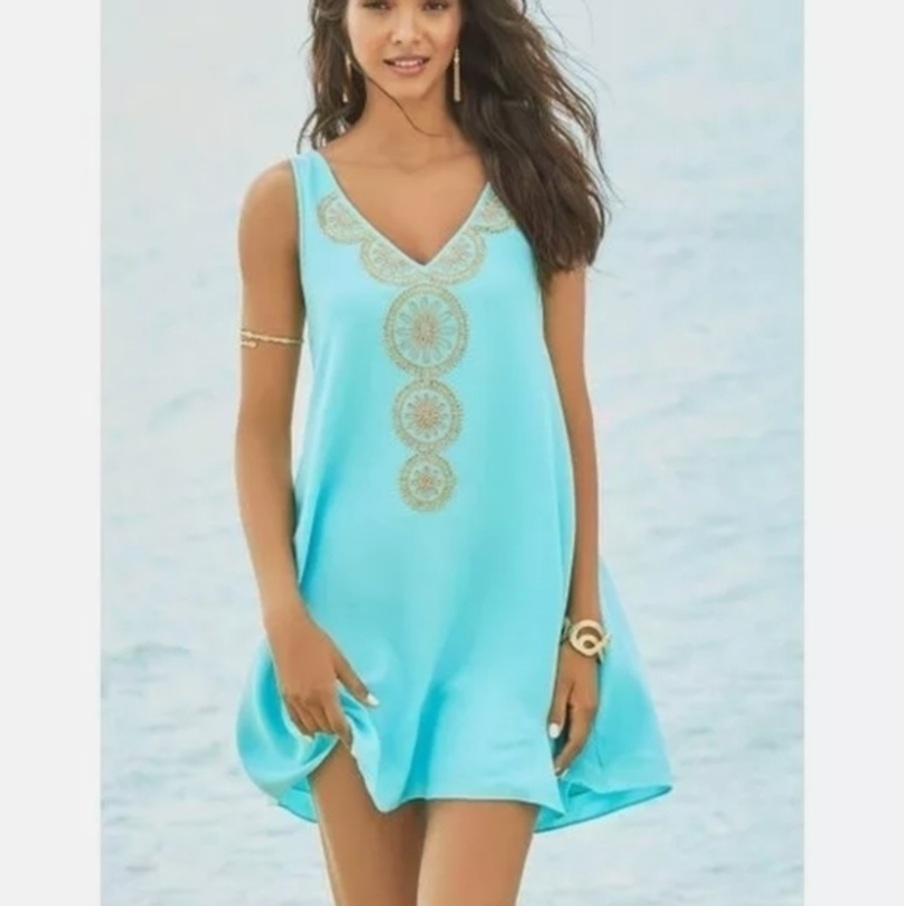 Lilly Pulitzer FIA SWING DRESS Serene Blue Embellished GOLD BEADS‎